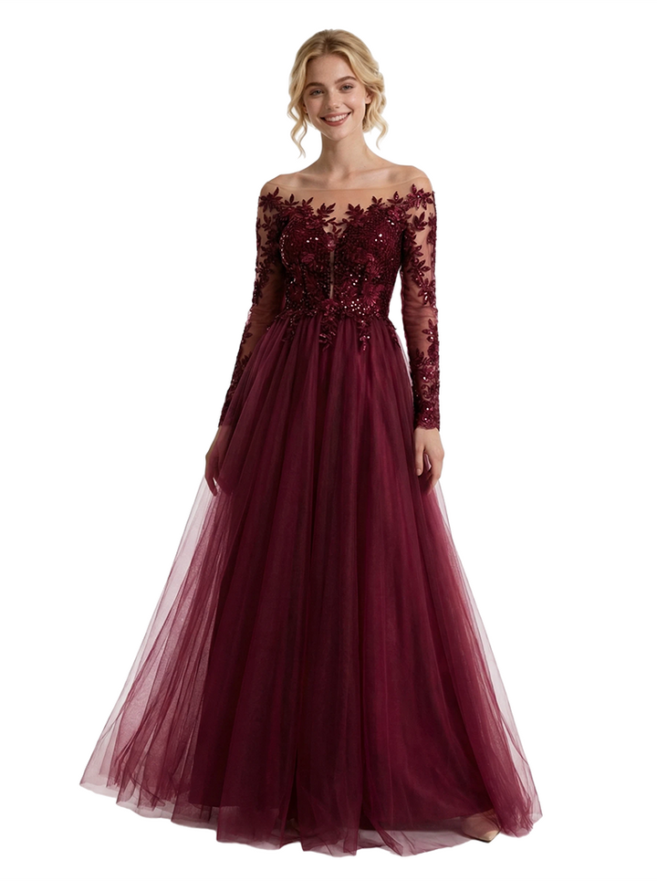 ChicSew Sparkly Off Shoulder Lace Long Sleeves V-Neck A-Line Floor Length Prom Dress