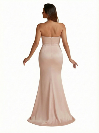 Sexy Sweetheart Side Slit Satin Mermaid Ruched Simple Long Formal Dresses