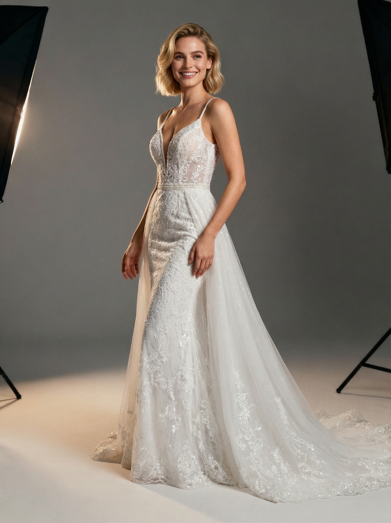 Mermaid Spaghetti Straps V-Neck Maxi Long Lace Wedding Dresses Online