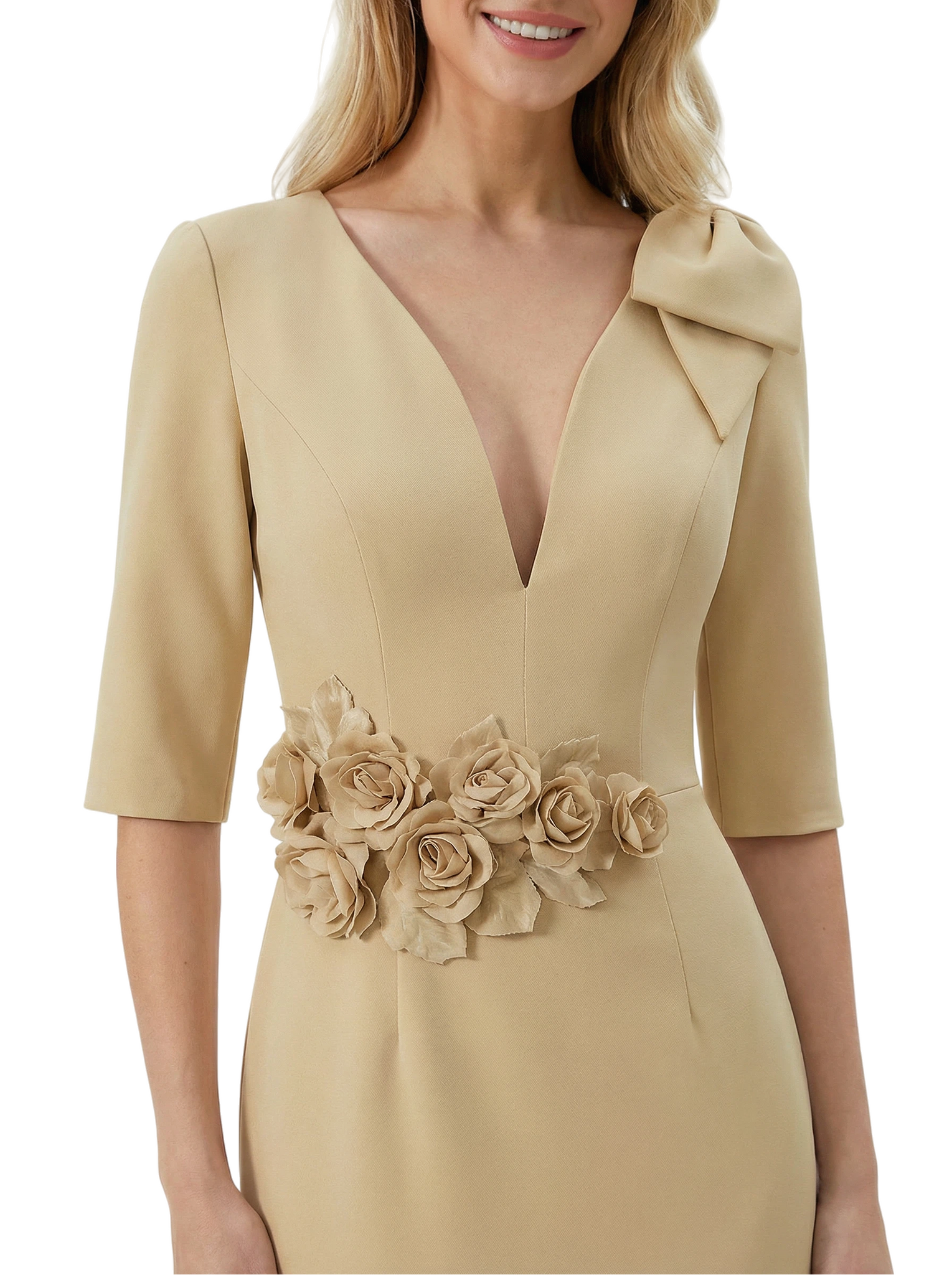 Chicsew Mother of The Bride Dress Pretty V-Neck Half Sleeve Crepe Sheath Midi Gown Floral Accent Stylish