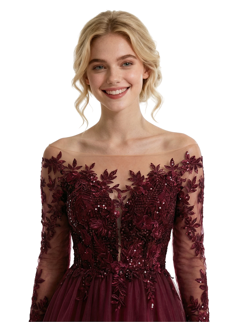 ChicSew Sparkly Off Shoulder Lace Long Sleeves V-Neck A-Line Floor Length Prom Dress