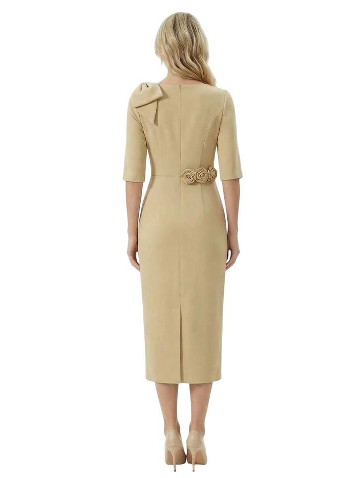 Chicsew Mother of The Bride Dress Pretty V-Neck Half Sleeve Crepe Sheath Midi Gown Floral Accent Stylish
