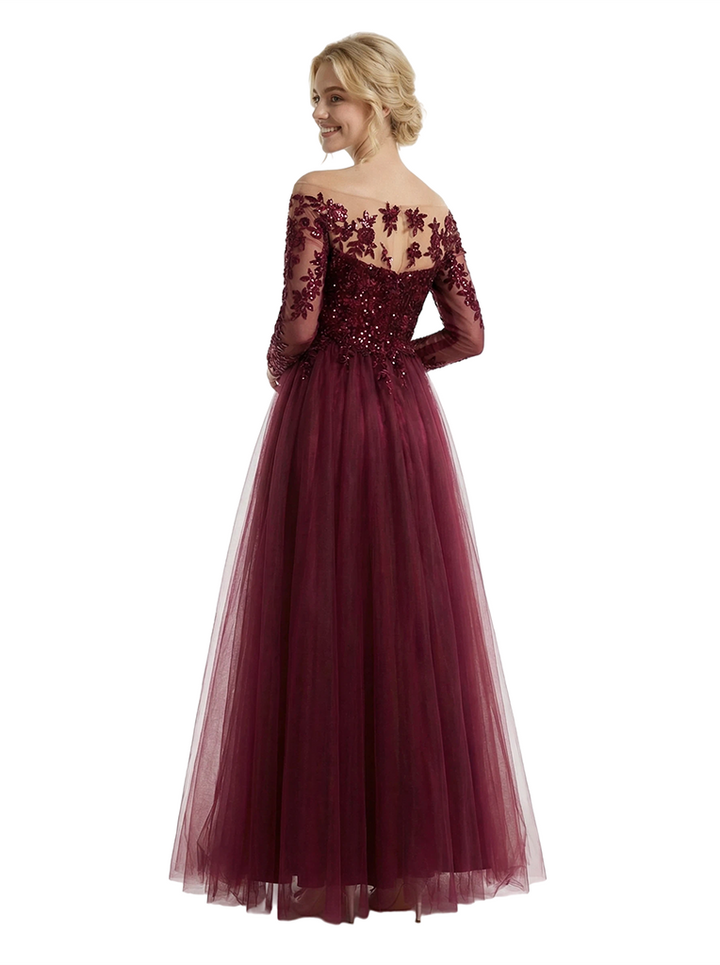 ChicSew Sparkly Off Shoulder Lace Long Sleeves V-Neck A-Line Floor Length Prom Dress
