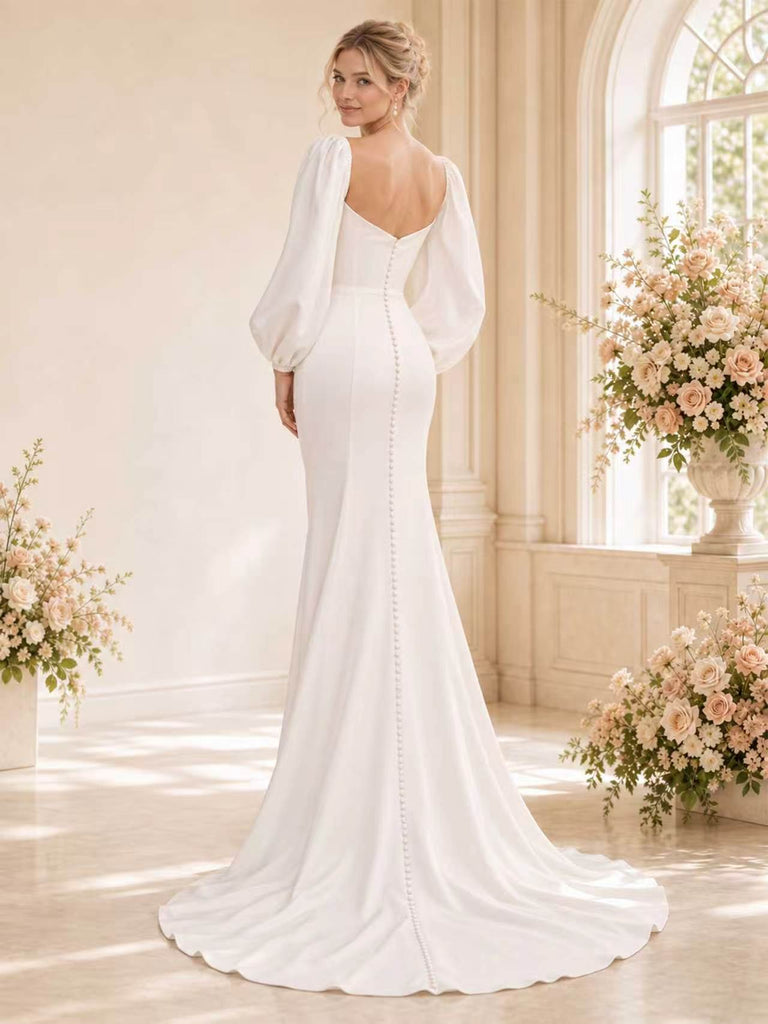 ChicSew Elegant Side Slit Long Sleeves Square Neck Satin Mermaid Maxi Wedding Dress