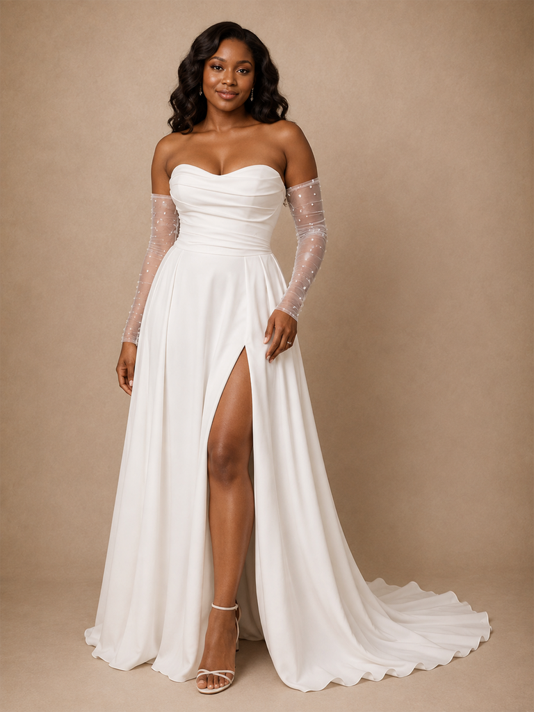 ChicSew Fancy Sweetheart Chiffon Side Slit A-Line Maxi Wedding Dress With Pleats