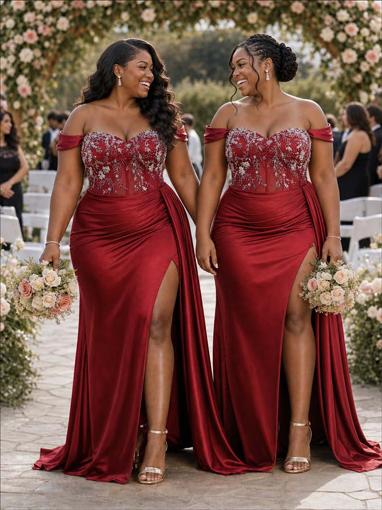 ChicSew Off Shoulder Ruching Lace Appliques Mermaid Soft Satin Bridesmaid Dresses With Boning