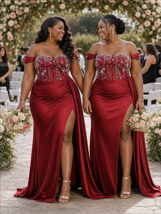 ChicSew Off Shoulder Ruching Lace Appliques Mermaid Soft Satin Bridesmaid Dresses With Boning