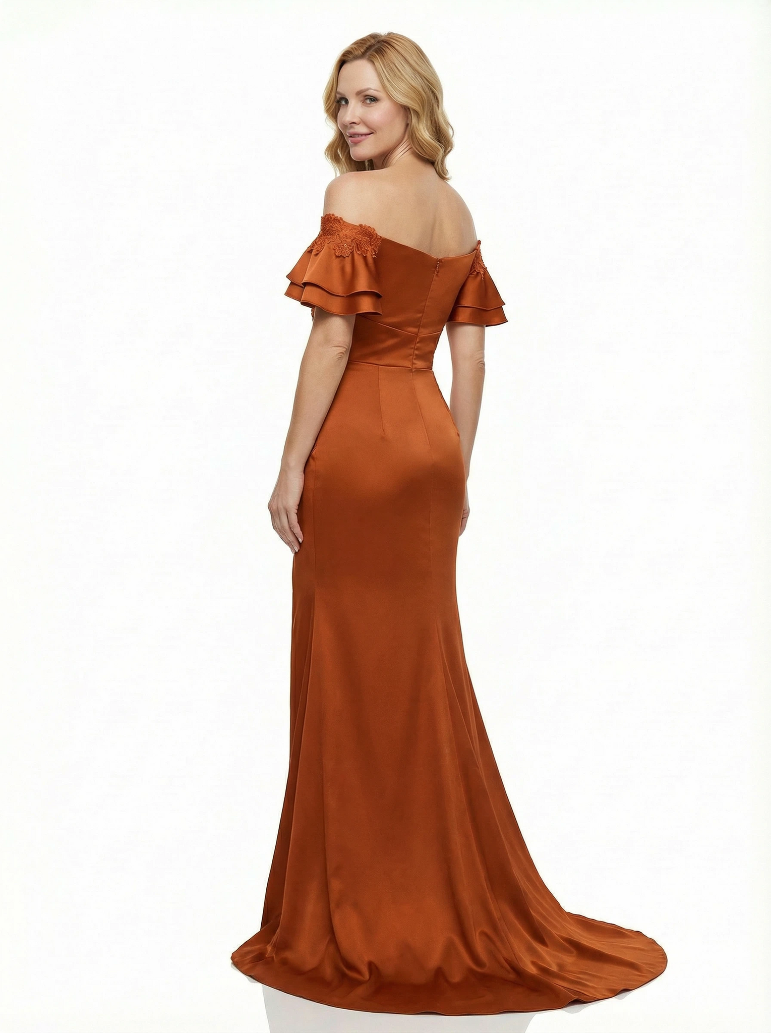 Exquisite Lace Applique Off The Shoulder Satin Ruched Mother Of The Bride Gown With Side Slit