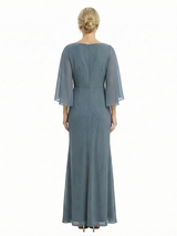 Unique Flutter Sleeves Jewel Chiffon Ruched Sheath Maxi Dress For Mother Of The Bride With Applique