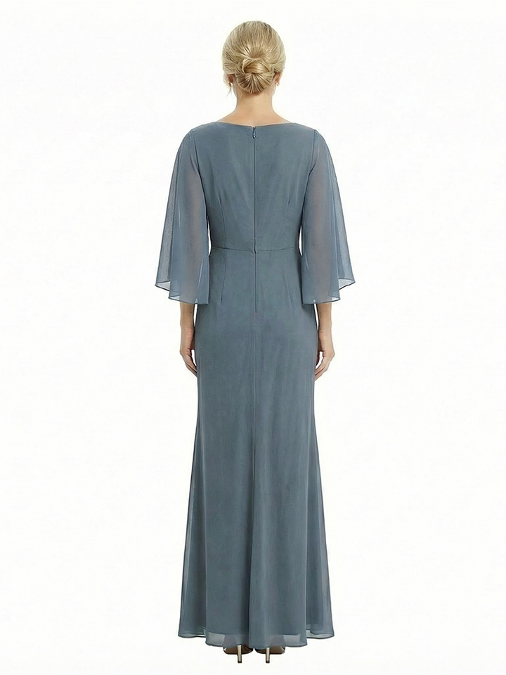 Unique Flutter Sleeves Jewel Chiffon Ruched Sheath Maxi Dress For Mother Of The Bride With Applique