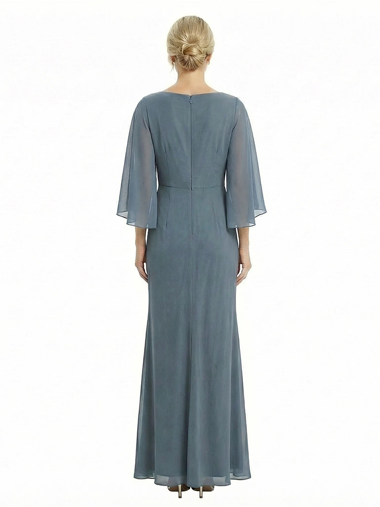 Unique Flutter Sleeves Jewel Chiffon Ruched Sheath Maxi Dress For Mother Of The Bride With Applique