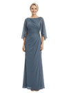 Unique Flutter Sleeves Jewel Chiffon Ruched Sheath Maxi Dress For Mother Of The Bride With Applique