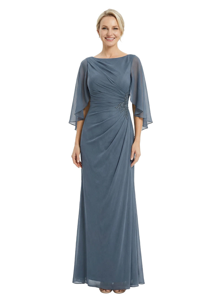 Unique Flutter Sleeves Jewel Chiffon Ruched Sheath Maxi Dress For Mother Of The Bride With Applique