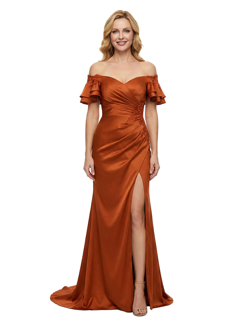 Exquisite Lace Applique Off The Shoulder Satin Ruched Mother Of The Bride Gown With Side Slit