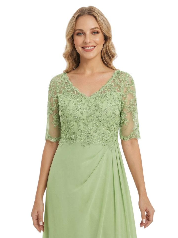 Classy V-Neck Half Sleeve Chiffon Gown With Lace Mother of The Bride Dresses
