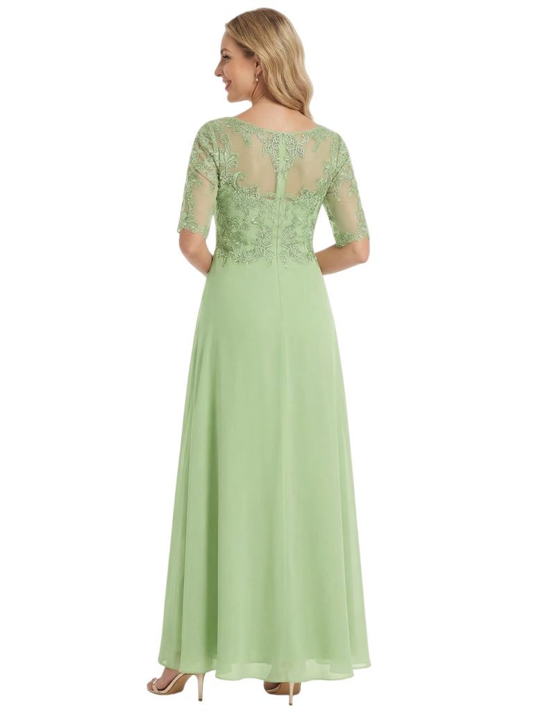 Classy V-Neck Half Sleeve Chiffon Gown With Lace Mother of The Bride Dresses