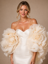 ChicSew Luxury Satin Mermaid Bridal Gown Off Shoulder 3D Rose Organza Puff Sleeves Wedding Dress