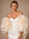 ChicSew Luxury Satin Mermaid Bridal Gown Off Shoulder 3D Rose Organza Puff Sleeves Wedding Dress