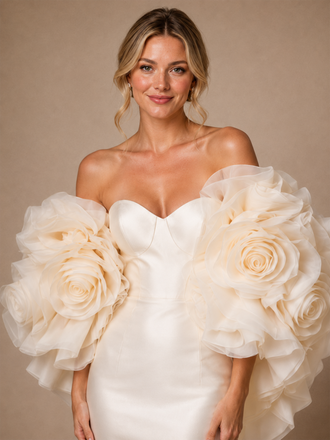 ChicSew Luxury Satin Mermaid Bridal Gown Off Shoulder 3D Rose Organza Puff Sleeves Wedding Dress
