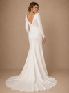 Chicsew Fancy Long Sleeves V-Neck Ruching Mermaid Side Slit Satin Long Wedding Dress