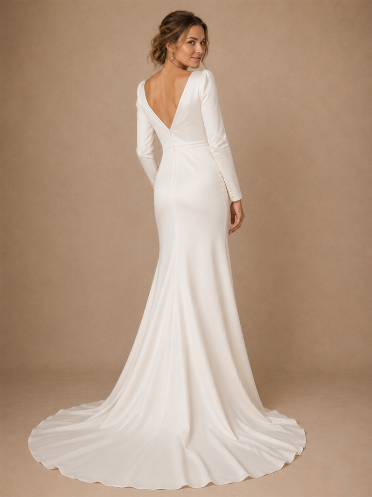 Chicsew Fancy Long Sleeves V-Neck Ruching Mermaid Side Slit Satin Long Wedding Dress