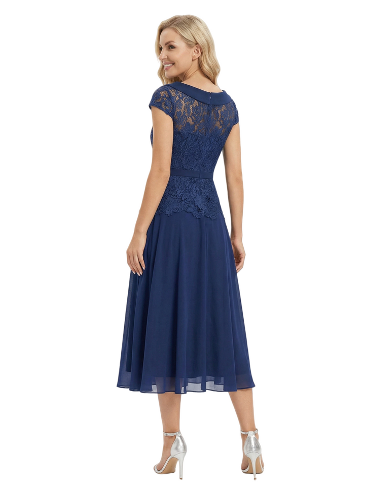 Fancy Scoop Neck Cap Sleeves Lace Chiffon Tea-Length Mother of The Groom Dresses