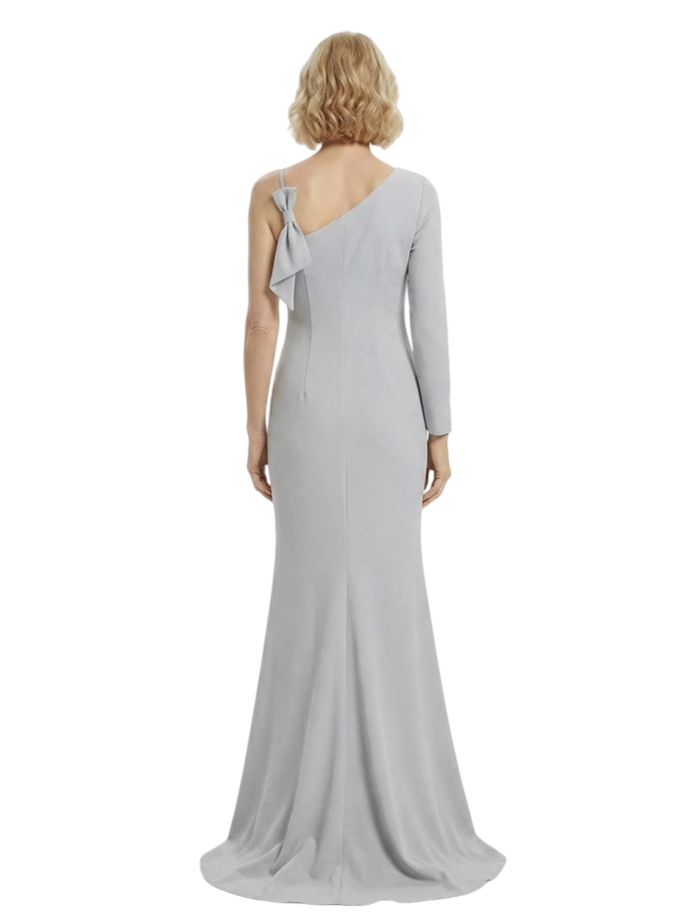 Chicsew Stylish Mother of The Bride Dress Asymmetrical Long Sleeve Fitted Mermaid Train Satin Fabric Modern Graceful Formal Wedding Celebration Gown