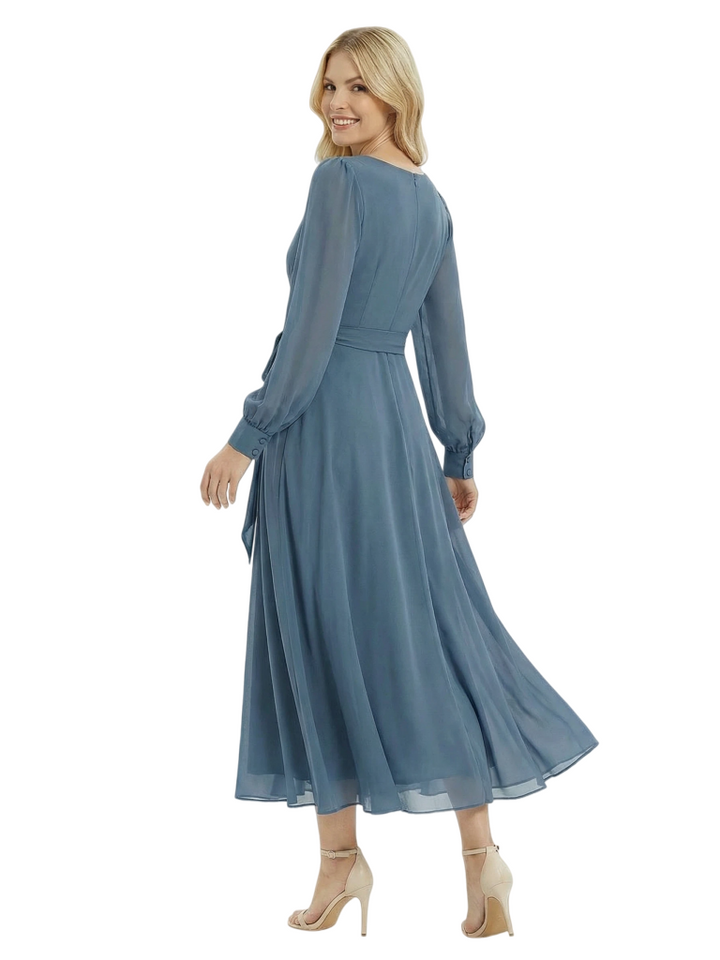 Elegant Mother of The Bride Dresses Modern V-Neck Long Sleeve Chiffon Gown Pretty Flowy Maxi Dress for Weddings