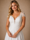 ChicSew Elegant V-Neck Short Sleeves Lace Chiffon A-Line Maxi Wedding Dress
