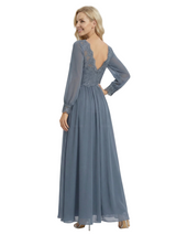 Stylish Mother of The Bride Dresses Unique V-Neck Long-Sleeve Lace Chiffon Formal Bridal Event Dress