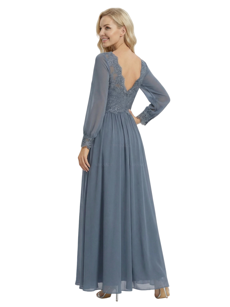 Stylish Mother of The Bride Dresses Unique V-Neck Long-Sleeve Lace Chiffon Formal Bridal Event Dress