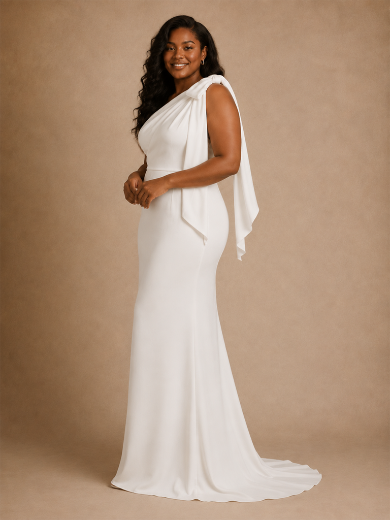 ChicSew Elegant Crepe One Shoulder Mermaid Floor-Length Wedding Dress With Bow