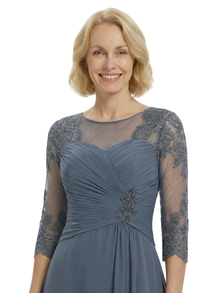 Elegant Mother of The Bride Dresses Scoop Half Sleeve Chiffon High-Low Classy Ruched Beaded Formal Wedding Event Dress