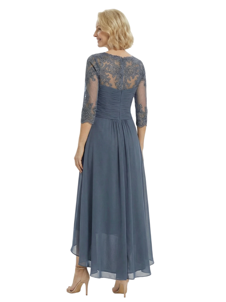 Elegant Mother of The Bride Dresses Scoop Half Sleeve Chiffon High-Low Classy Ruched Beaded Formal Wedding Event Dress