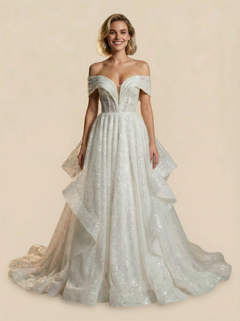 Mermaid Off Shoulder V-Neck Ruched Maxi Long Sequin Wedding Dresses Online