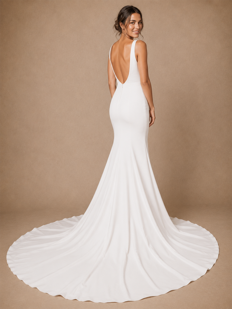 ChicSew Sexy V-Neck Crepe Spaghetti Straps Mermaid Floor-Length Wedding Dress