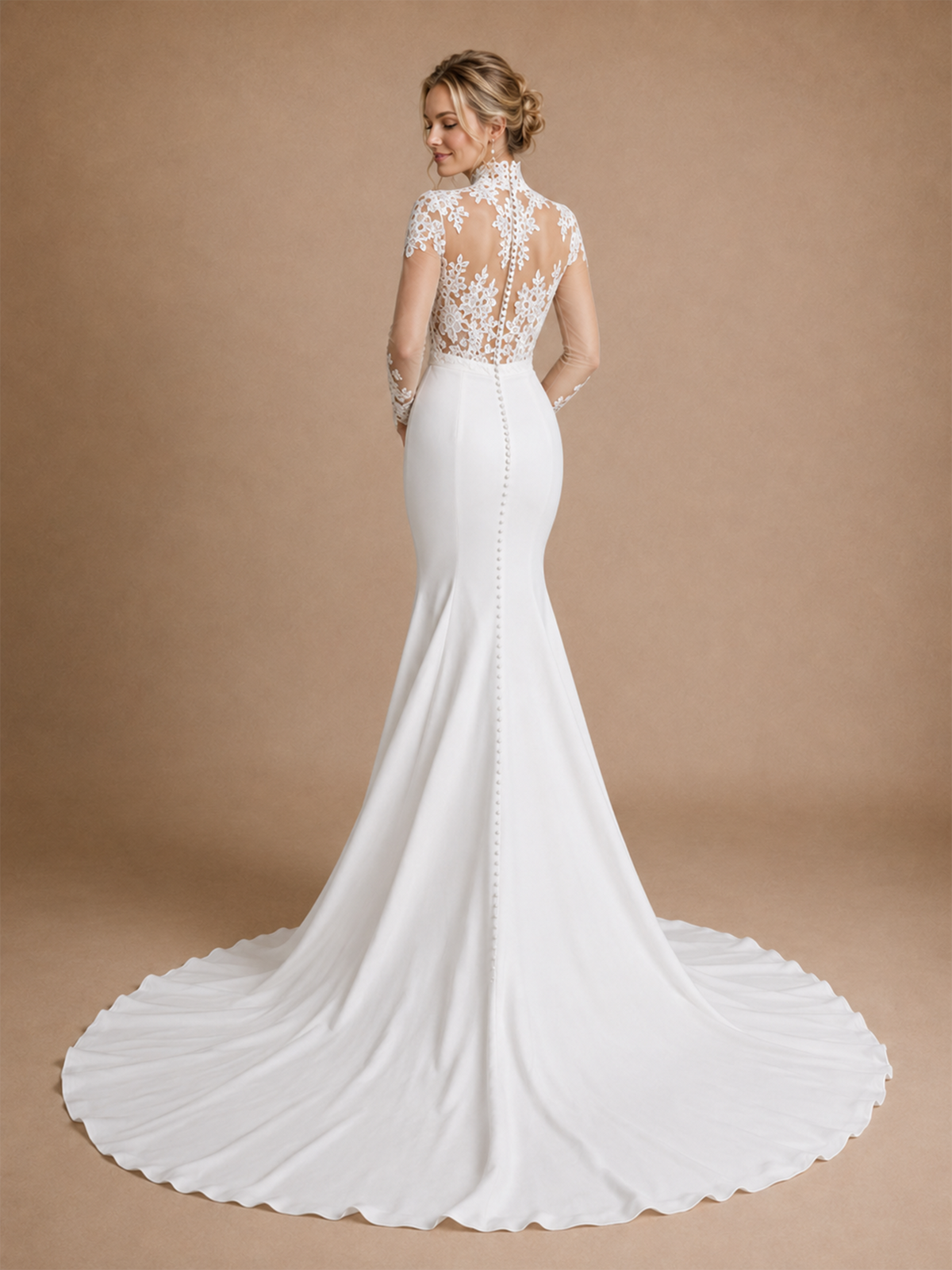 ChicSew Morden High Neck Long Sleeves Satin Lace Mermaid Floor-Length Wedding Dress