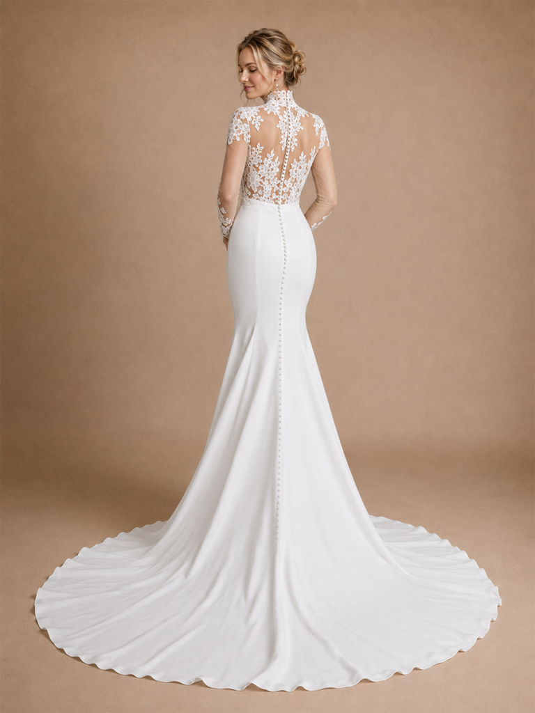 ChicSew Morden High Neck Long Sleeves Satin Lace Mermaid Floor-Length Wedding Dress