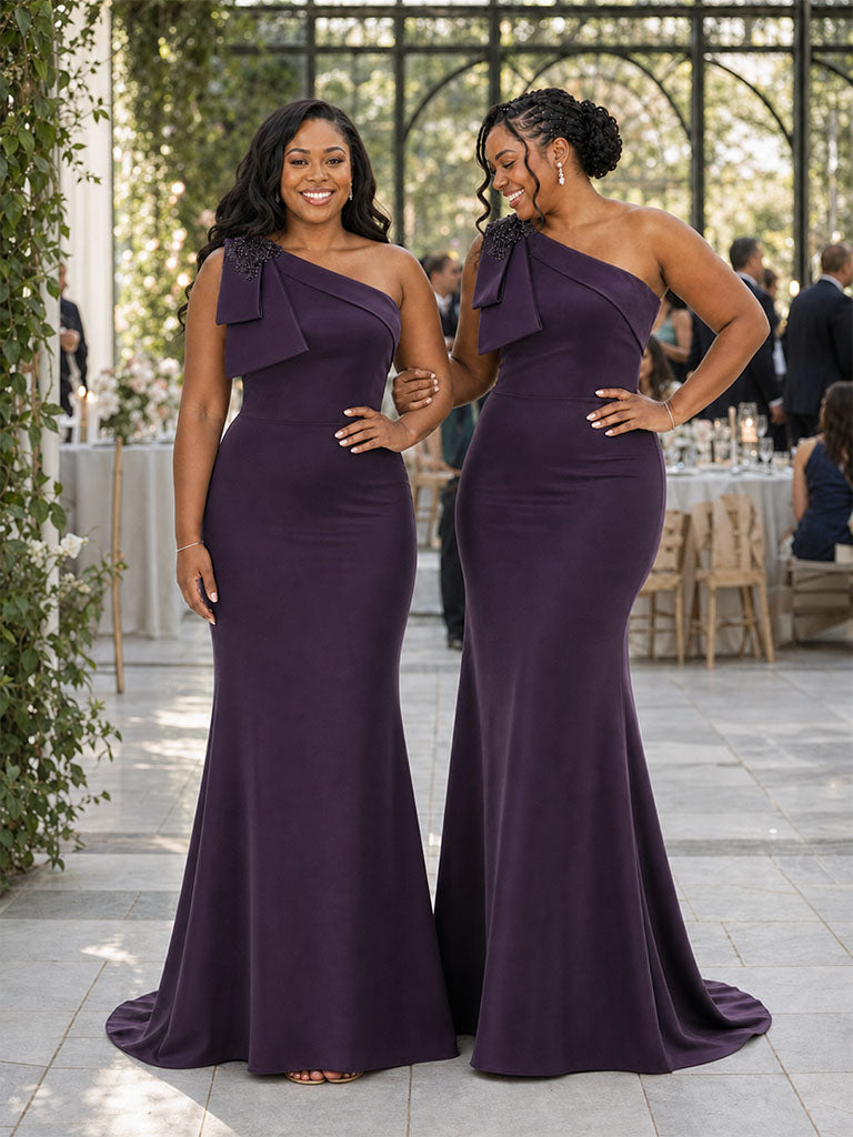 ChicSew Fancy One Shoulder Mermaid Lace Appliques Soft Satin Floor-Length Bridesmaid Dresses