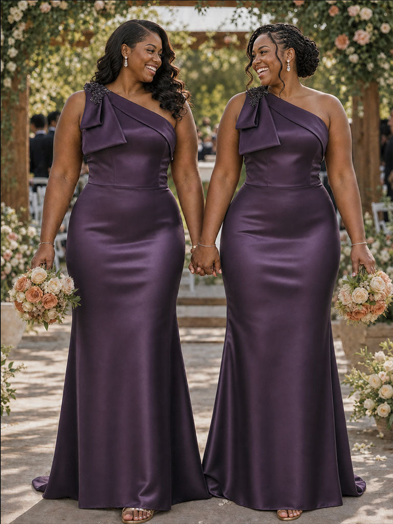ChicSew Fancy One Shoulder Mermaid Lace Appliques Soft Satin Floor-Length Bridesmaid Dresses