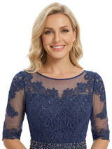 Pretty Scoop Neck Half-Sleeve Lace Chiffon Tea-Length Gown Modern Mother of The Bride Dresses