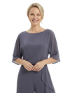 Gorgeous Mother of The Groom Unique Scoop Neck Half-Sleeve Chiffon Formal Wedding Pantsuit