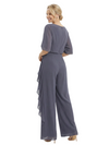 Gorgeous Mother of The Groom Unique Scoop Neck Half-Sleeve Chiffon Formal Wedding Pantsuit