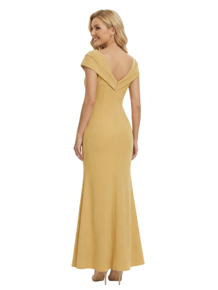 Chicsew Alluring Mother of The Bride Dress V-Neck Cap Sleeve Fitted Mermaid Satin Fabric Ruched Detail Pretty Elegant Formal Wedding Gown