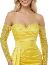 Elegant Sweetheart Off Shoulder Long Sleeves Ruched Satin Mermaid Prom Dress Side Slit