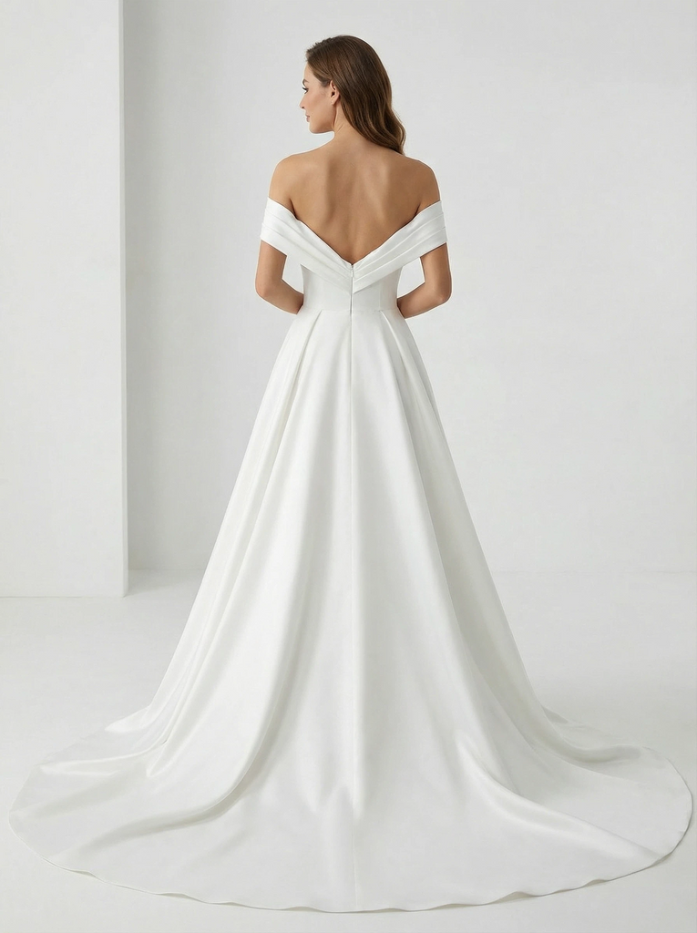 A-Line Off The Shoulder V-Neck Maxi Long Satin Wedding Dresses Gowns Online