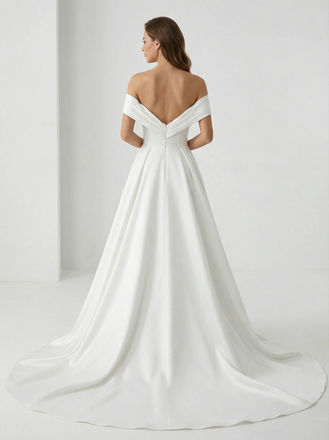 A-Line Off The Shoulder V-Neck Maxi Long Satin Wedding Dresses Gowns Online