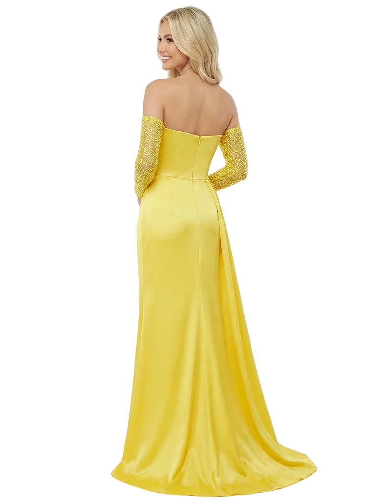 Elegant Sweetheart Off Shoulder Long Sleeves Ruched Satin Mermaid Prom Dress Side Slit
