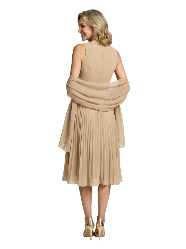 Sleeveless Chiffon Mother Of The Bride Dress Pleated Midi Dress With Shawl
