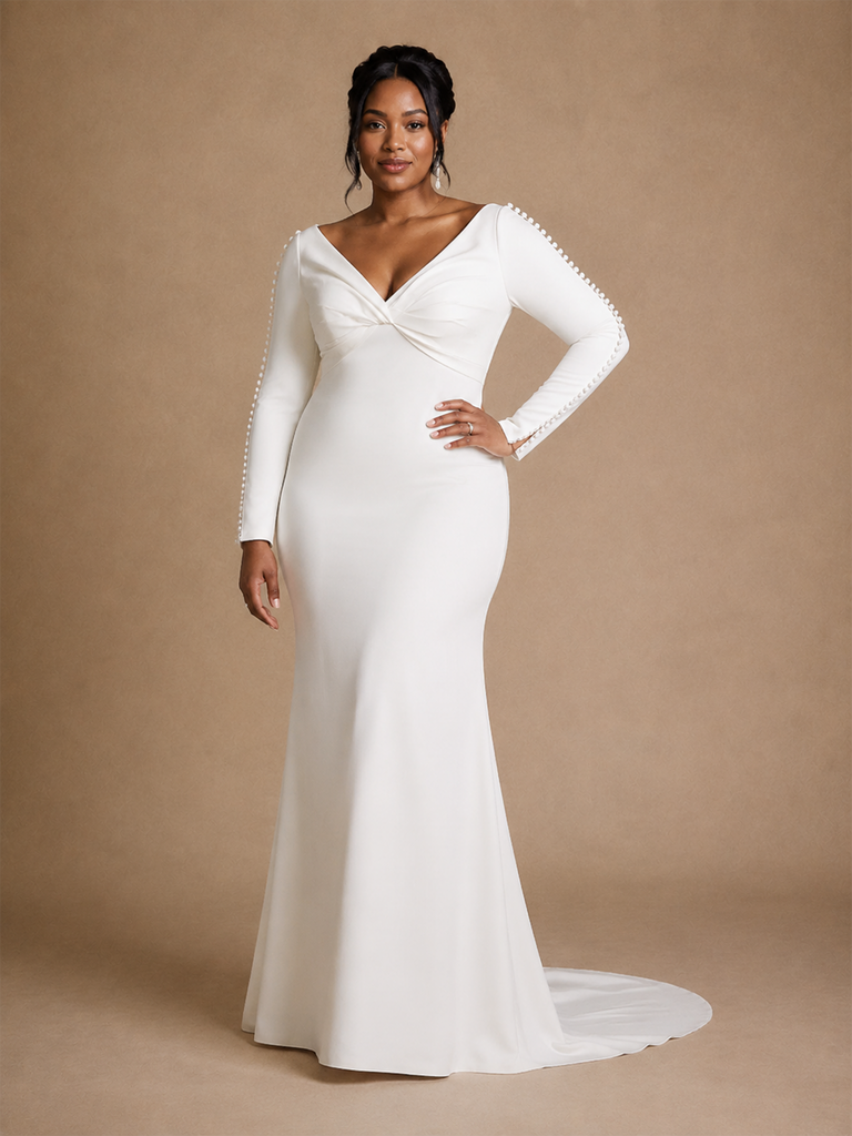 ChicSew Elegant Unique V-Neck Mermaid Crepe Long Sleeves Maxi Long Wedding Dress With Button
